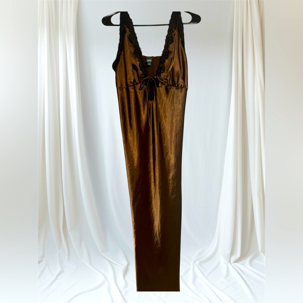 Wild Fable Brown Satin Maxi Dress with Black Lace